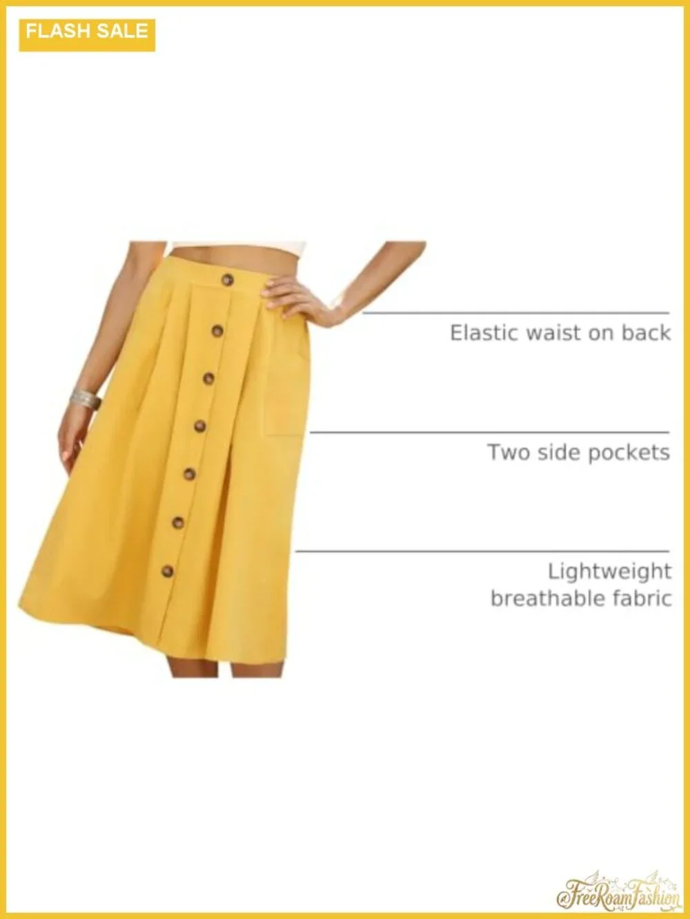 Women's A-Line Midi Skirt with Pockets | High Waisted Button Front | No Stretch